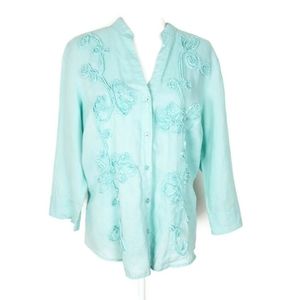 Charter Club Mint Blue Linen Floral Embroidered Blouse Plus sz 14